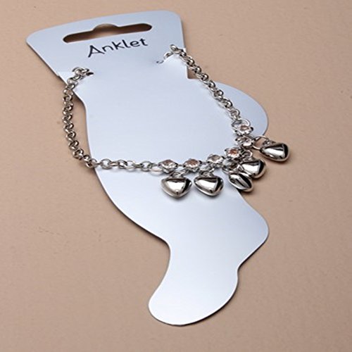 Silver coloured anklet chain with trailing hearts and crystals.