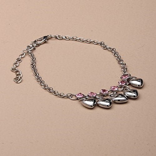 Silver coloured anklet chain with trailing hearts and crystals. Pink Inset