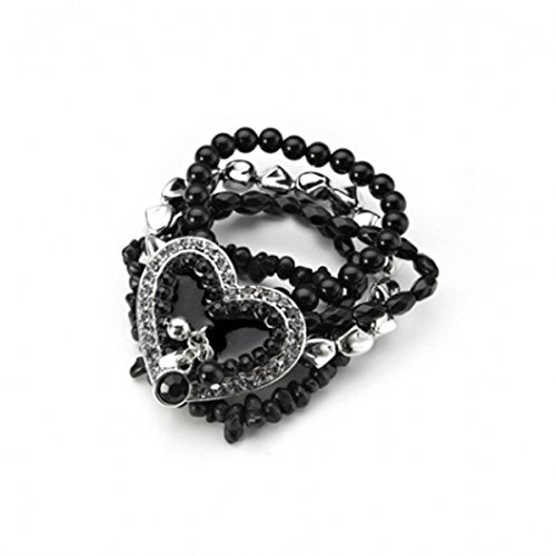 Beaded Heart Bracelet 4 Black &1 Silver beaded elasticated bands with Silver & Black Heart