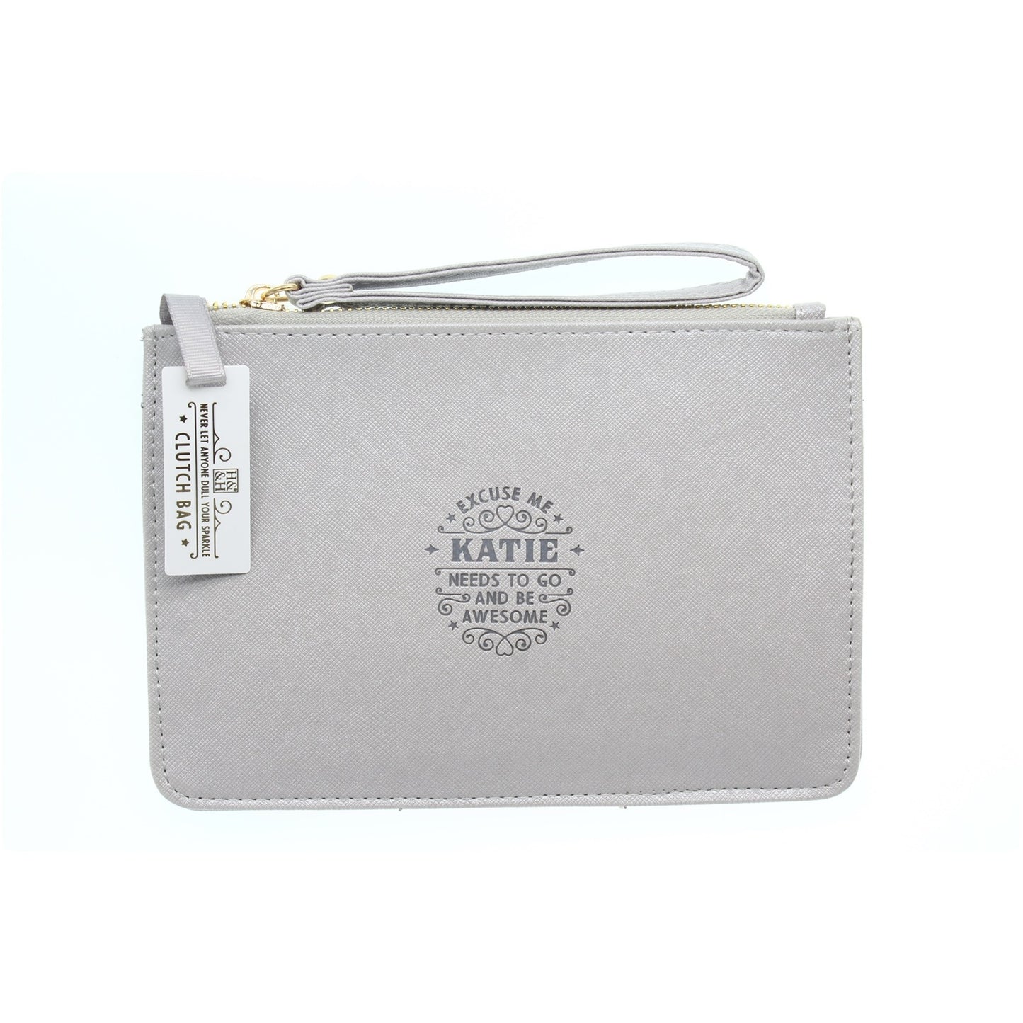 Clutch Bag With Handle & Embossed Text "Katie"