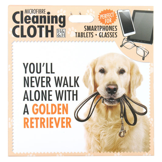 Microfibre Cleaning Cloth with Golden Retriever Dog print and saying "You'll never walk alone with a Golden Retriever"