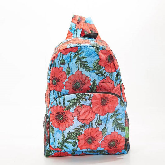 ECO CHIC Foldaway Back Pack/School Bag/Shopping Bag - Made From Recycled Plastic Bottles - Poppies (Blue)