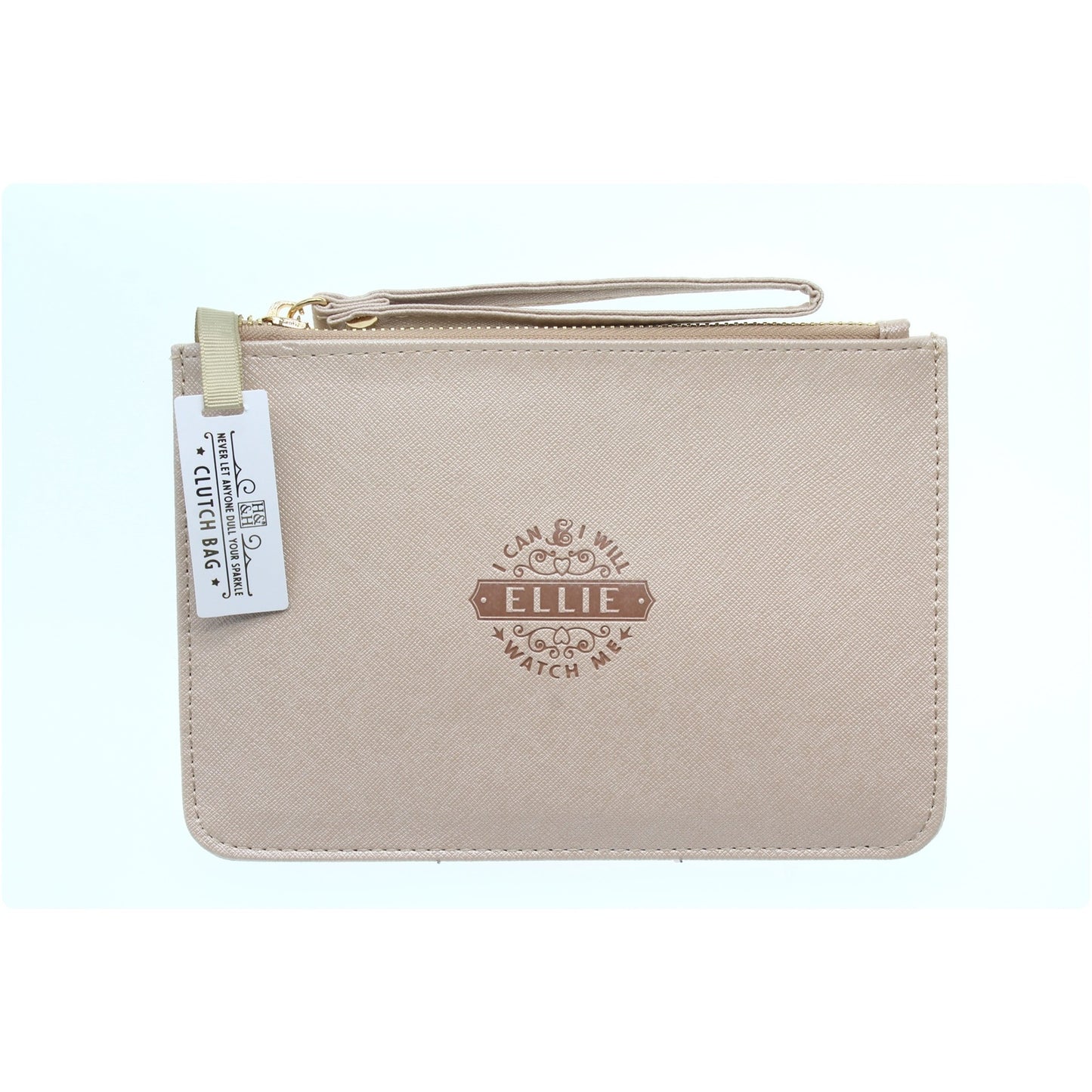 Clutch Bag With Handle & Embossed Text "Ellie"