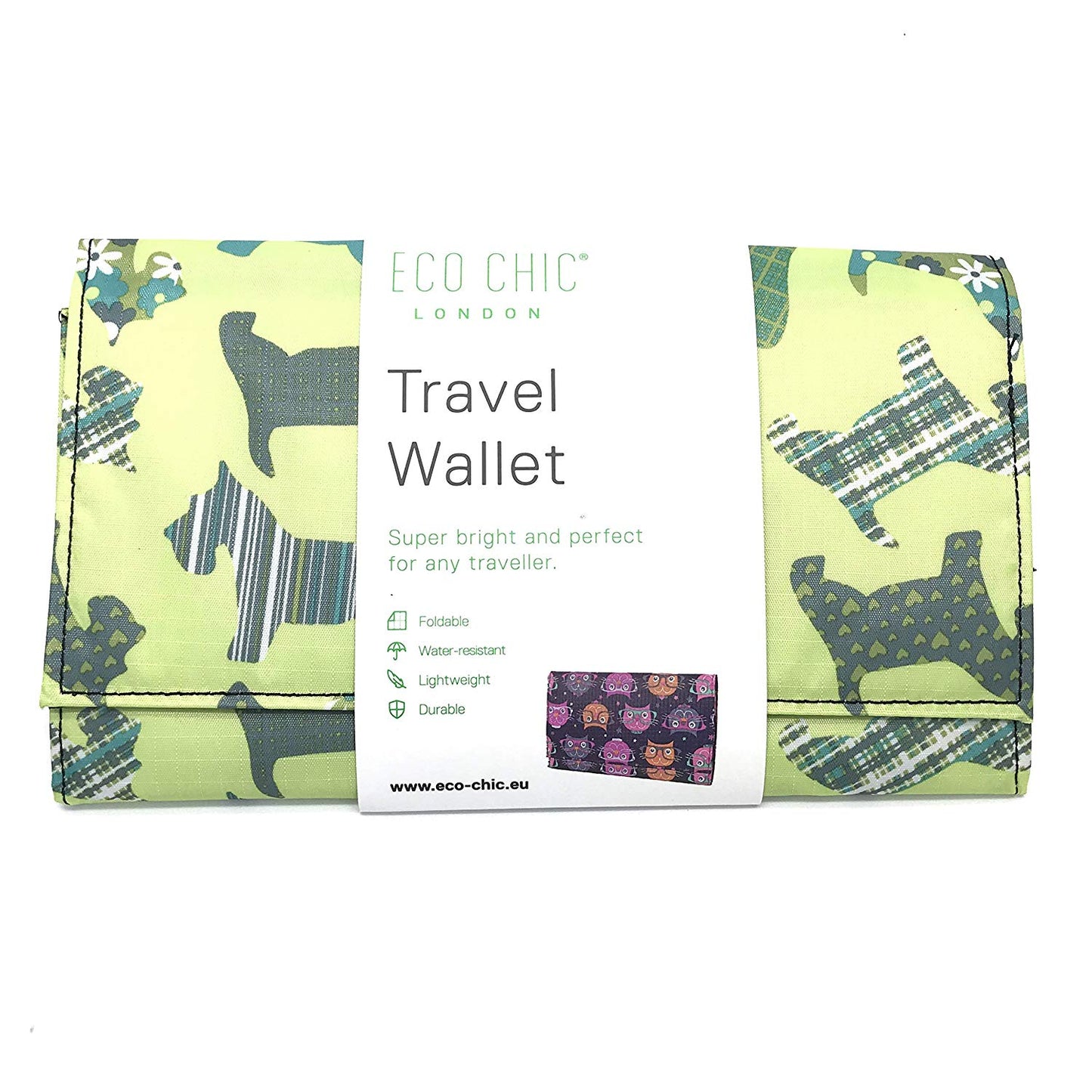 Travel Document Wallet by Eco Chic Waterproof & Durable Fabric Floral Scotty Dog Design - Green
