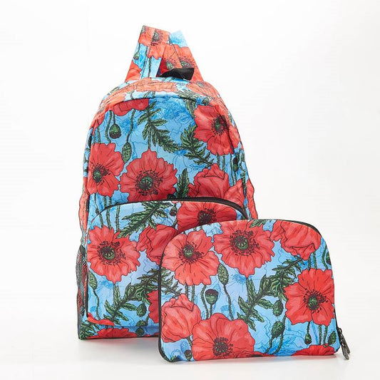ECO CHIC Foldaway Back Pack/School Bag/Shopping Bag - Made From Recycled Plastic Bottles - Poppies (Blue)